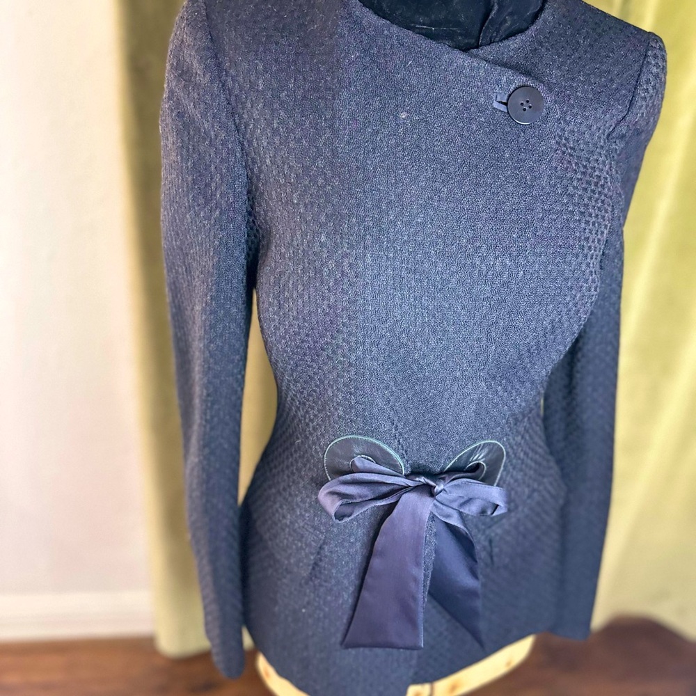 Armani Collezioni Textured Dark Navy Blazer with Bow Accent